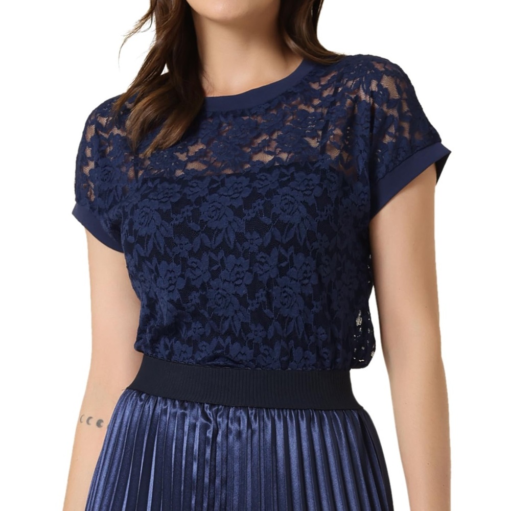 NWT Allegra K Floral‎ Lace Overlay Batwing Sleeves Crew Neck Casual Top - XS